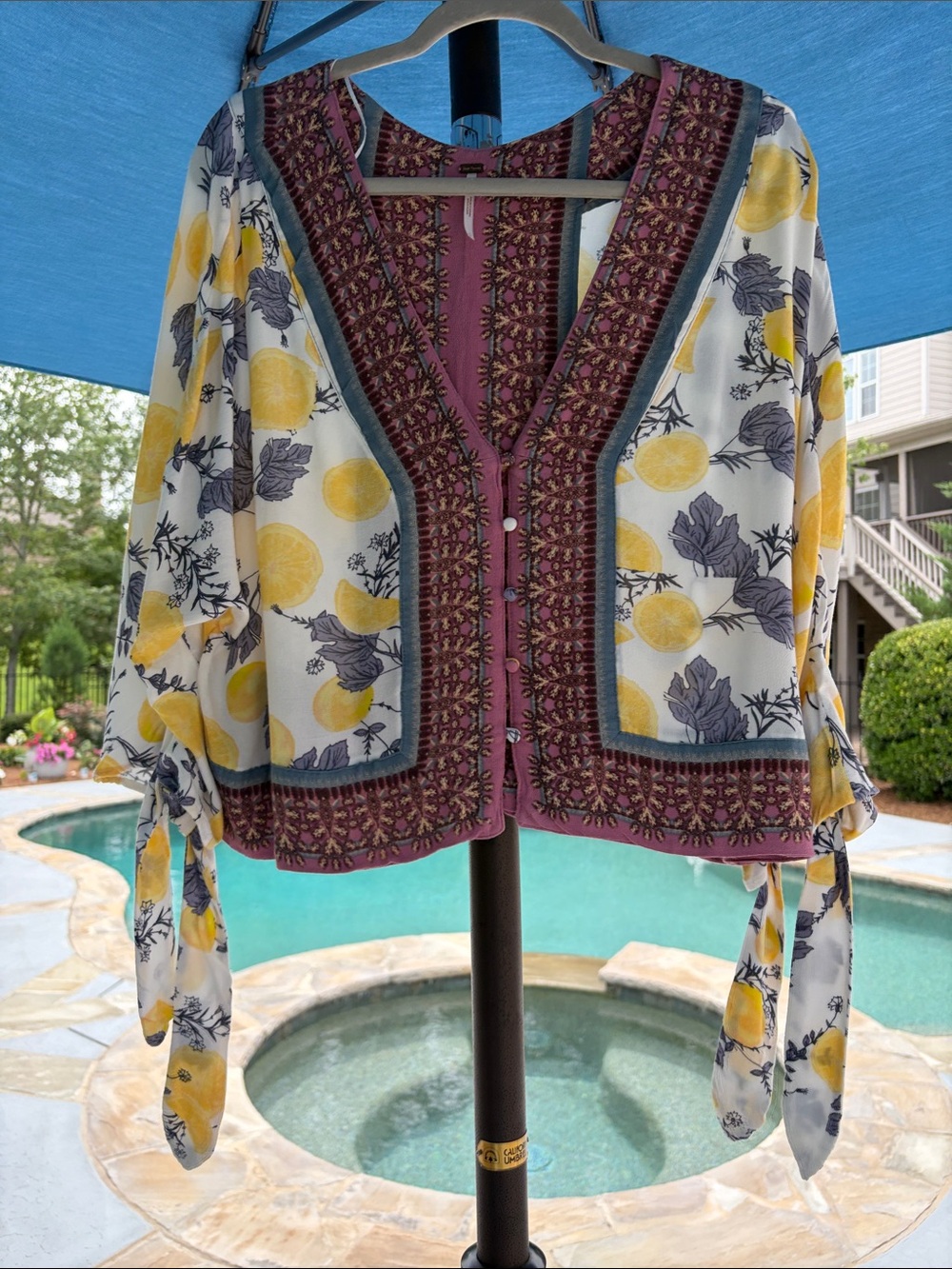 Free People Lemon Print Embroidered Open Front Tunic in Yellow & Plum